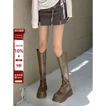 戈森2026新款V口漆皮長筒靴女小個子不過膝長靴厚底高筒騎士靴