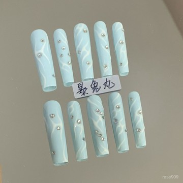 💅限時下殺穿戴甲💅4.2超長水管方奶藍夏日度假風手繪歐美綫條穿戴甲手工製作可76美甲師暴兔丸 828I