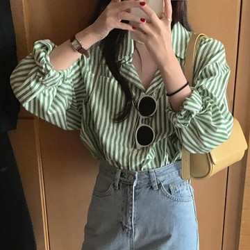 C.shop,襯衣襯衫,抗皺,夏季新款韓國夏季法式小衆翻領時尚休閒寬鬆顯白綠色條紋襯衫上衣女潮3