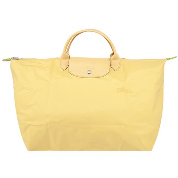 LONGCHAMP LE PLIAGE GREEN系列刺繡短把再生尼龍摺疊旅行袋（小/小麥黃）_廠商直送