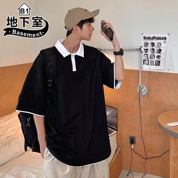 地下室B1-POLO衫 學院風夏季短袖 高街百搭學生 華夫格 寬鬆 衣服 高街 男生上衣【NL625029】