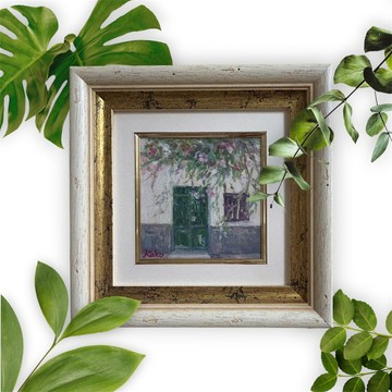 Green Door (Oil Painting, Original, Mini Painting, Spain, Granada, Landscape Painting, Framed)