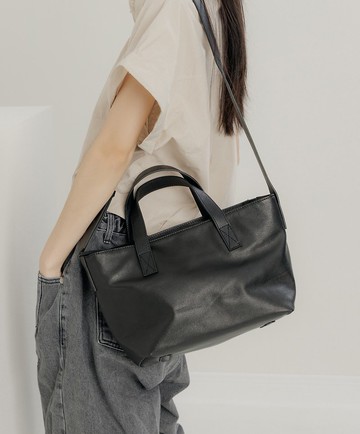 supportingrole 真皮四方2層都市手提肩側背包  黑