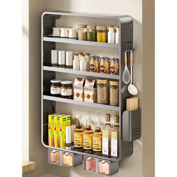 槍灰廚房置物架調料架壁掛太空鋁免打孔墻上多層收納架儲物調味品