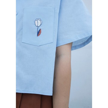 刺繡 | 棉質 | 藍色圓領上衣