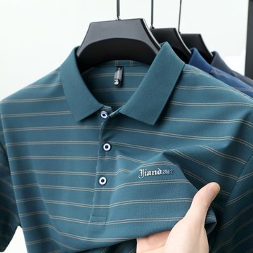 (免運)男士夏季短袖T恤冰絲polo衫中年爸爸裝翻有帶領條紋半袖上衣體恤