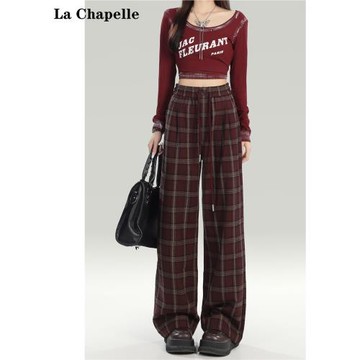 拉夏貝爾安可拉紅闊腿格子褲女2025春秋季復古高腰慵懶休閑拖地褲