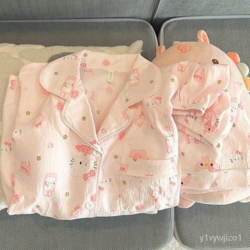 免運 台灣出貨 【30天熱銷4090件】新款粉色KT貓睡衣女夏季雲朵棉短袖短褲套裝可愛開衫奶乎乎傢居服限時下殺