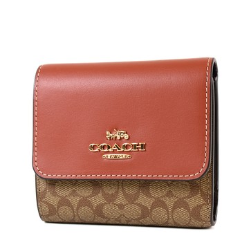 COACH 緹花小C LOGO防刮三折釦式短夾-棕紅-特