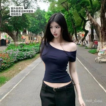 【限時特賣】 短袖上衣 短袖T恤 女生短袖 上衣女 夏季新款辣妹短款短袖T恤修身純慾顯瘦斜露百搭緊身設計上衣顯白