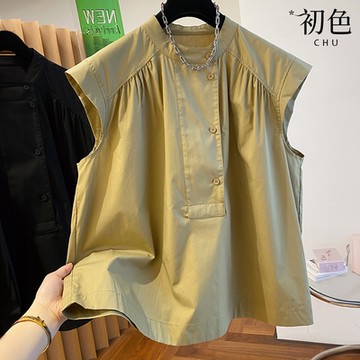 初色  百褶純色涼感圓領無袖襯衫上衣女上衣-共3色-34697(M-2XL可選)