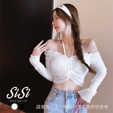 SISI【L22009】多種穿法立體泡泡T純慾風一字領露肩V領削肩鎖骨綁帶蝴蝶結長袖抓皺抽繩顯胸半截短版露腰T恤T-sh