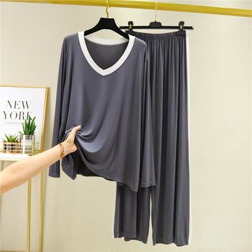 莫代爾T恤休閑褲套裝女夏秋寬松長袖睡衣睡褲兩件套可外穿家居服