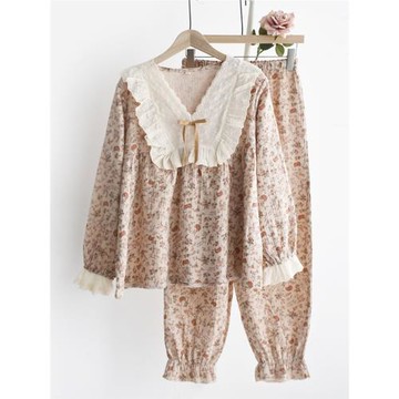 甜美玫瑰印花套頭睡衣女春秋夏季純棉紗布薄款花邊長袖家居服套裝