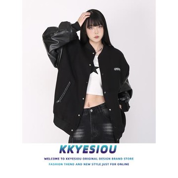 KKyesiou美式復古潮牌pu拼接棒球服男女vintage高街情侶夾克外套