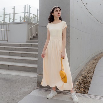 OB嚴選-清涼關係學．涼感雪紡收腰綁帶連袖長洋裝