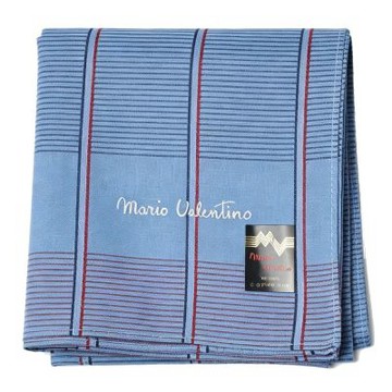 Mario Valentino 淺藍紅線格紋圖騰字母LOGO帕領巾(47CM)