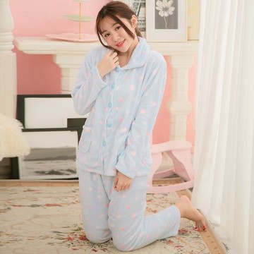lingling日系 保暖水貂絨繽紛點點全開釦長袖二件式睡衣組(全尺碼,2款可選)