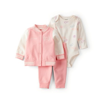 【Carter’s】粉紅學院風 3件組套裝(包屁衣/外套/長褲) | 官方授權 100%純棉 寶寶禮物 安全認證
