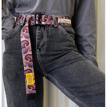 嘻哈腰果花皮帶學生街頭年輕人帆布褲腰帶男潮ins金屬雙環插扣