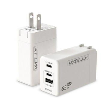 WELLY 65W氮化鎵GaN快充 PD+QC+PPS全兼容 USB-C/A三孔輸出 極速充電器(白色)