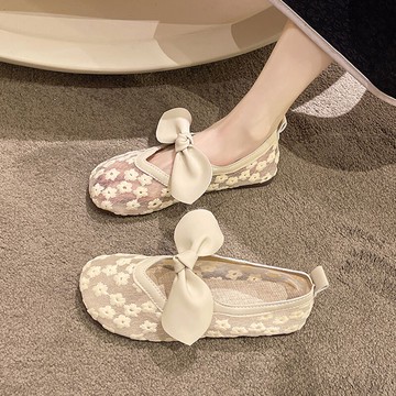 女鞋單鞋溫柔風蝴蝶結夏季薄款網面透氣一腳蹬平底懶人孕婦鞋