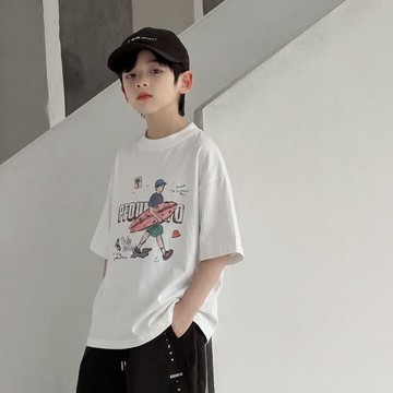 【中大男童】帆船男孩印花寬鬆舒適白T恤