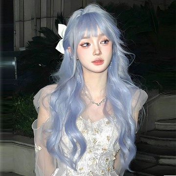 免運🔥霧霾藍假髮女長卷發lolita時尚自然空氣劉海大波浪仿真人發全頭套假髮女整頂 假髮 假瀏海 增髮量 假髮片