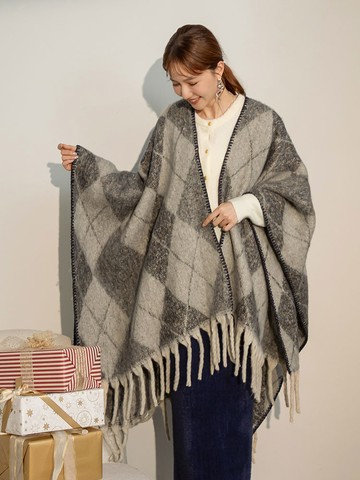 菱格花紗彩粒流蘇披肩圍巾