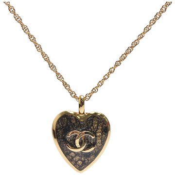 CHANEL 經典雙C LOGO金色斑駁愛心造型墜飾項鍊(黑/金色)