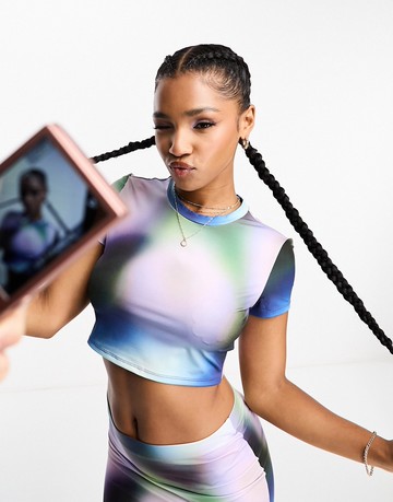 Monki co-ord shrunken baby crop top in purple blurred abstract print-Multi