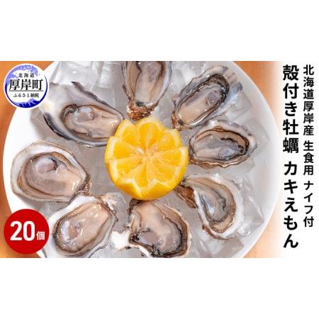 ふるさと納税 厚岸産 殻付き牡蠣（カキえもん）20個 生食用 ナイフ付（1個40〜59g） 北海道厚岸町