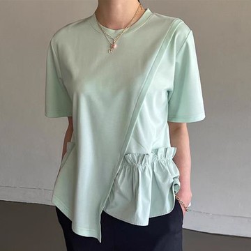 韓國chic夏季新款小眾設計感圓領拼接木耳邊不規則短袖T恤上衣女