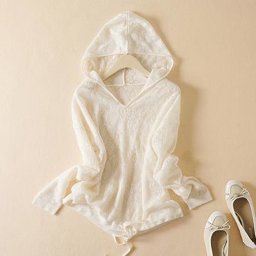 2025春秋新款提花鏤空重工蕾絲拼接系帶下擺抽繩連帽針織衫衛衣女