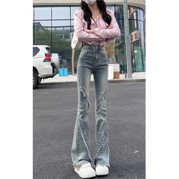 修身顯瘦微喇牛仔褲女春秋2025年新款毛邊馬蹄褲復古高腰喇叭褲子