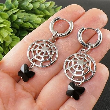 黑蝶網圈形耳環 Swarovski 水晶長耳環 圈形飾品