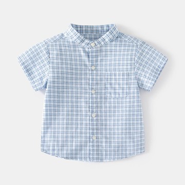 WELLKIDS - 純棉休閒立領短袖襯衫-格子-藍色