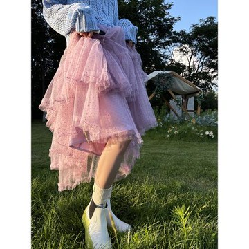 肆四原創2024春夏新款a字半身裙女不規則中長荷葉邊高腰百搭紗裙