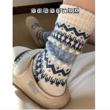 两件9.9折🔥臺灣出貨🔥可開發票✅潮流費爾島羊毛襪秋冬韓系少女甜美堆堆襪拼色中筒襪加絨加厚保暖