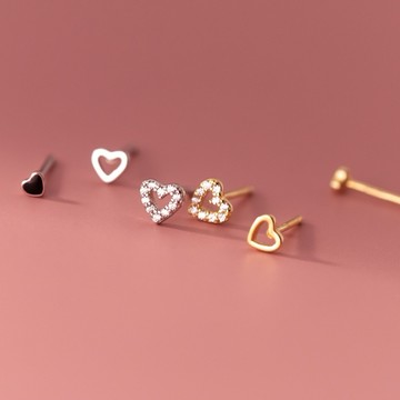 Sweet Air H42 日韓流行耳飾 S925銀針 迷你黑色滴釉鏤空愛心套組 耳針 耳環