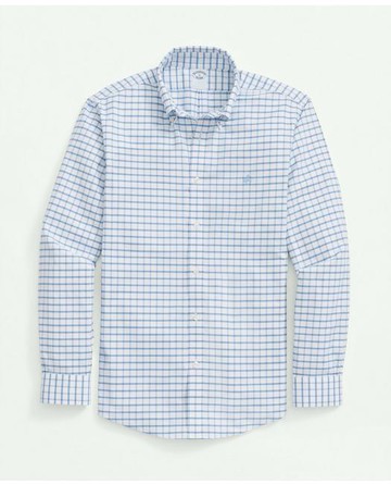 Brooks Brothers Men's Big & Tall Stretch Cotton Non-Iron Oxford Polo Button Down Collar, Windowpane Shirt | Blue | Size 3X