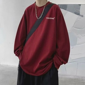 字母印花長袖t恤男士春秋季新款潮牌寬鬆圓領打底青少年大碼上衣