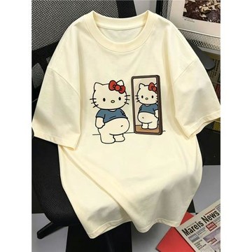 100%純棉短袖洋氣ins潮不起球寬松卡通印花T恤男女學生慵懶風上衣