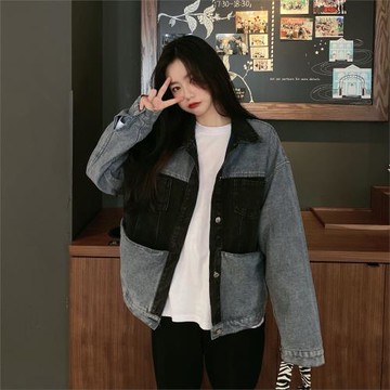 設計感撞色牛仔外套女2024秋冬新款大碼韓版寬松短款長袖夾克上衣