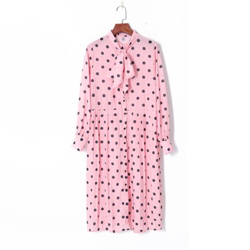 春季女裝時尚韓版撞色圓點氣質立領系帶單排扣高腰百褶連衣裙