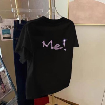 歐洲站洋氣時尚純棉短袖黑色T恤女寬松休閑燙鉆字母ME打底衫夏裝
