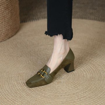 夏黛爾蓮春秋綠色法式復古高跟鞋粗跟方頭氣質真皮淺口軟底單鞋女