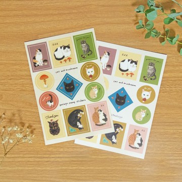 貓咪與蘑菇郵票風格貼紙組（附明信片）