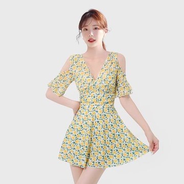 泳衣女大碼連體裙式保守遮肉文藝森系長袖遮肚顯瘦泡溫泉沙灘泳裝