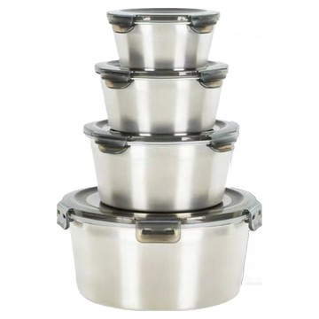 食品級304不鏽鋼密封保鮮盒套組 四件套 持久保鮮 極速冷凍 適用於洗碗機/烤箱  4個容器 + 4個蓋子  1組